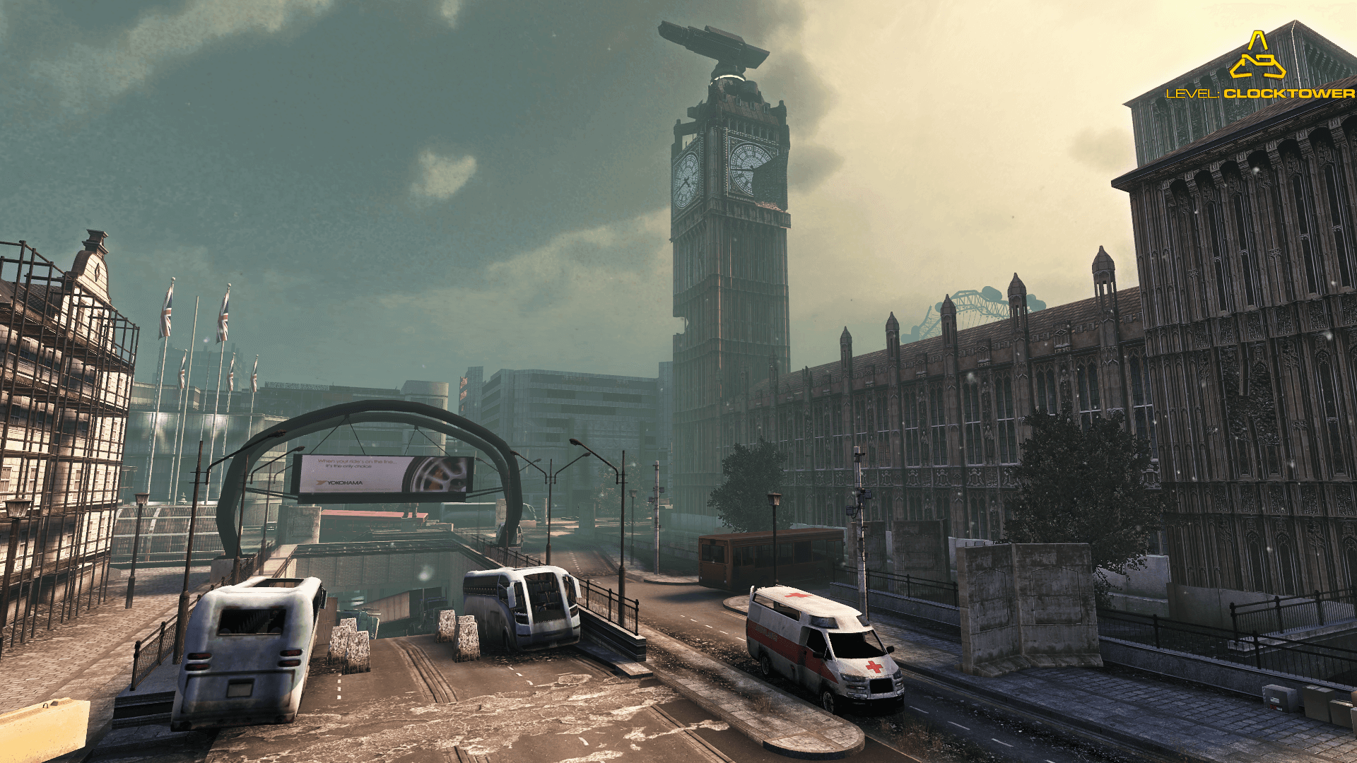 A ruined city street rendered by a streamed game